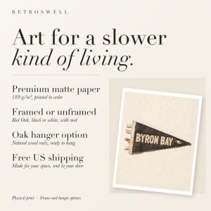 RetroSwell print details for Byron Bay Surf Pennant: premium 189 g/m² matte paper, framed or unframed, oak hanger option, free US shipping.