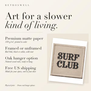 RetroSwell print details for Surf Club Patch: premium 189 g/m² matte paper, framed or unframed, oak hanger option, free US shipping.