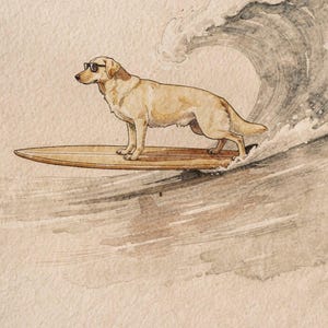 Yellow Labrador Surfing Print, Watercolor Lab Dog on Longboard, Kids Beach Room Decor, Dog Lover Gift, Printable Wall Art Digital Download image 2