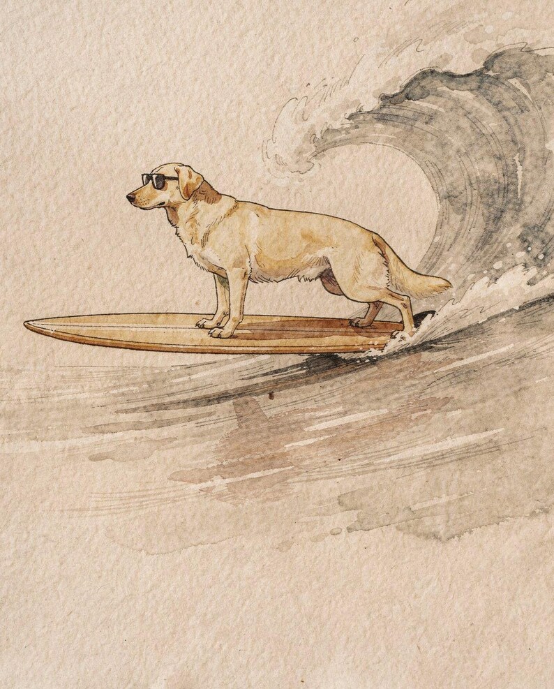 Yellow Labrador Surfing Print, Watercolor Lab Dog on Longboard, Kids Beach Room Decor, Dog Lover Gift, Printable Wall Art Digital Download image 2