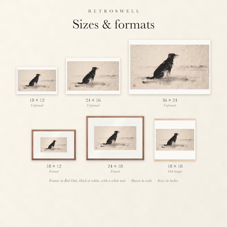 Sizes and formats for Dog Gazing at the Sea Xieyi Ink, shown to scale: unframed prints, framed prints and the oak hanger.