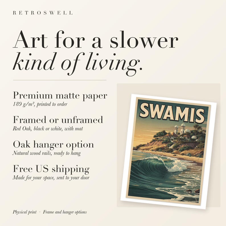 Swamis Surf Travel Poster, Framed or Unframed Vintage Style Coastal Print image 11