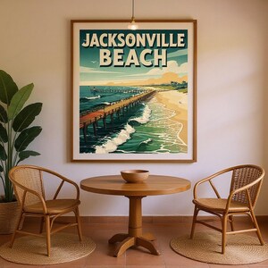 Jacksonville Beach Surf Poster framed in a coastal dining room setting