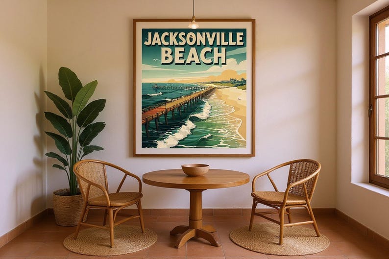 Jacksonville Beach Surf Poster framed in a coastal dining room setting