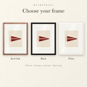 Frame options for Uluwatu Surf Pennant: Red Oak, black and white wood frames, each with a white mat.