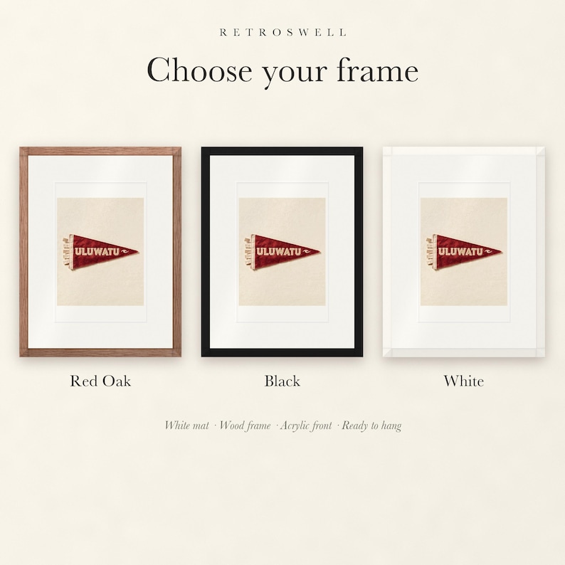 Frame options for Uluwatu Surf Pennant: Red Oak, black and white wood frames, each with a white mat.