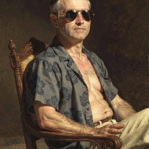 Calvin Coolidge surfer portrait, full artwork: classical oil-painting style, sunglasses and a Hawaiian shirt.