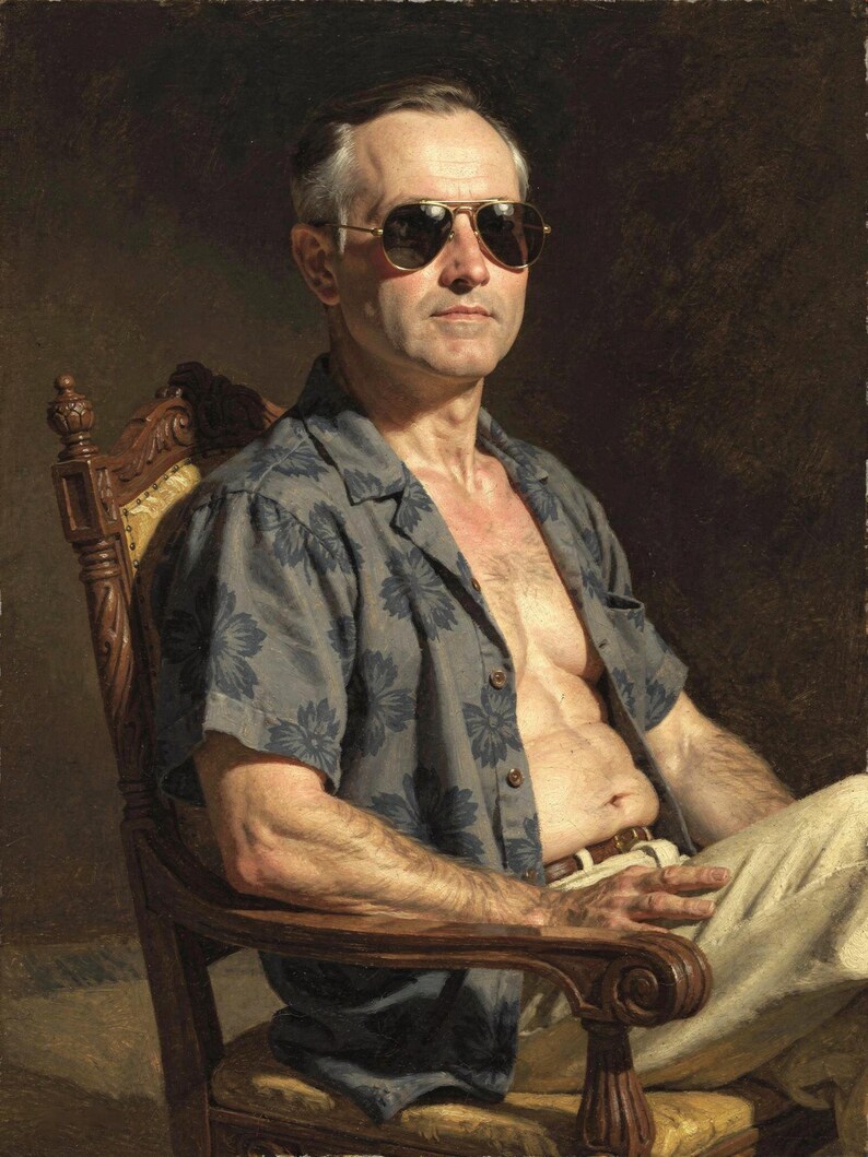 Calvin Coolidge surfer portrait, full artwork: classical oil-painting style, sunglasses and a Hawaiian shirt.