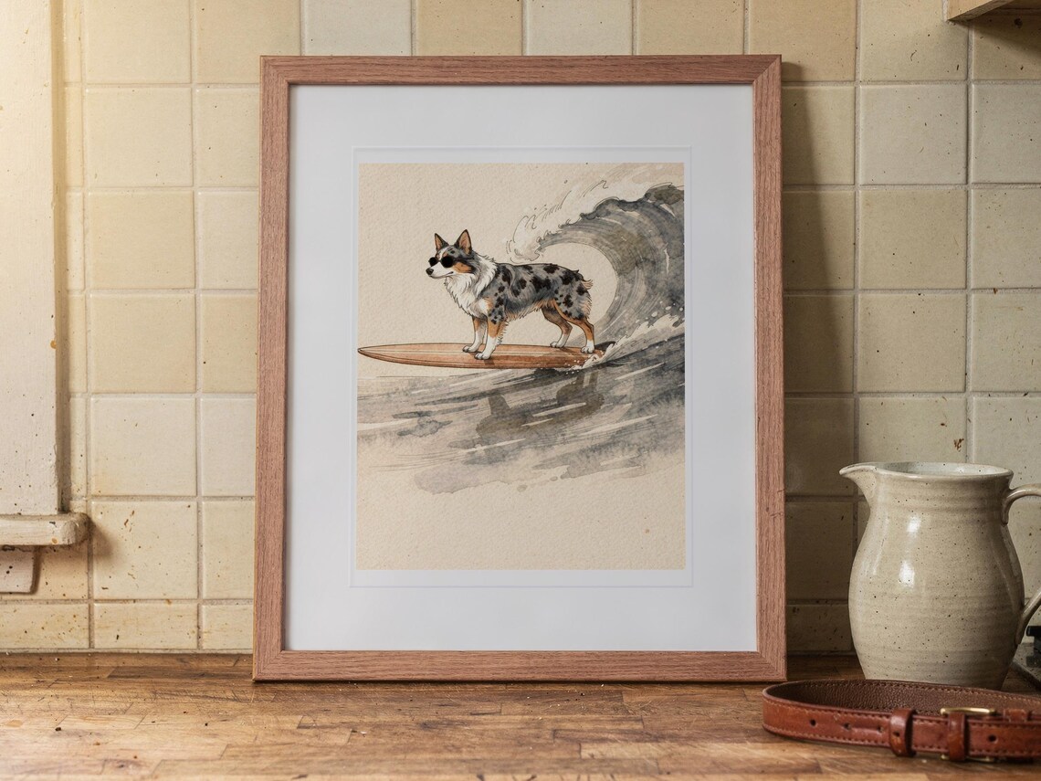 Australian Shepherd Surfing print in a Red Oak frame with a white mat, leaning on the counter against the backsplash in a cottage kitchen.