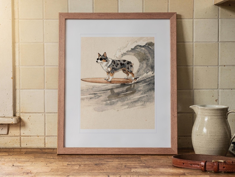 Australian Shepherd Surfing print in a Red Oak frame with a white mat, leaning on the counter against the backsplash in a cottage kitchen.