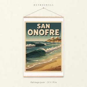 San Onofre Surf oak hanger poster, 24 by 36 inches, with natural wood rails and a hanging cord.