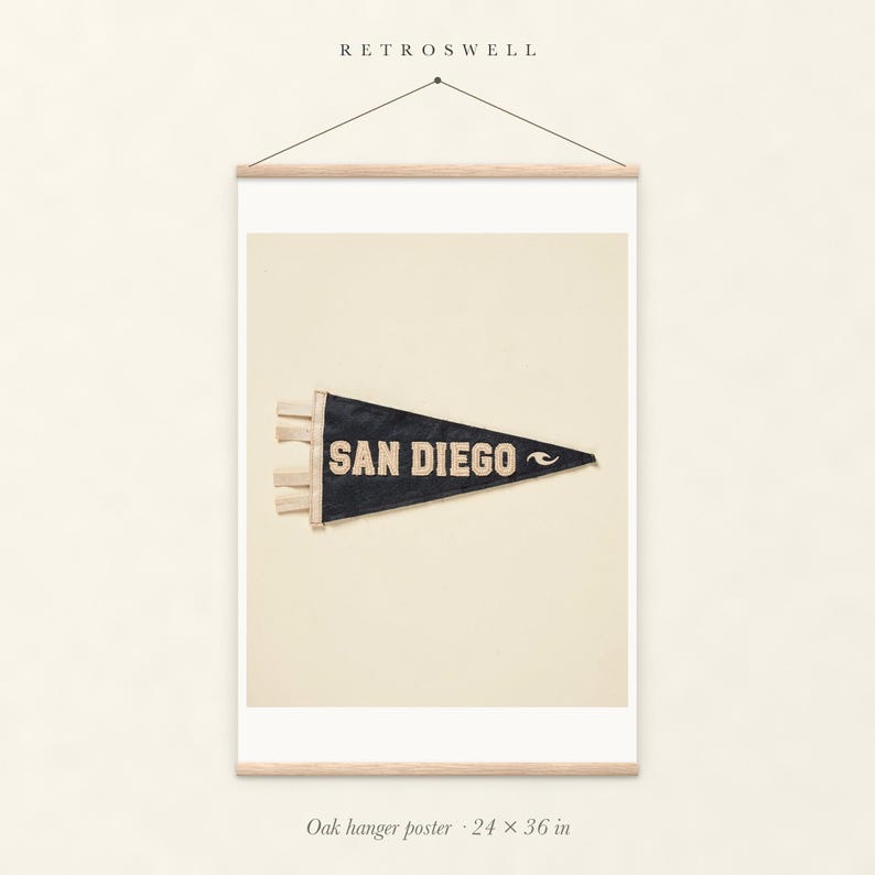 San Diego Surf Pennant oak hanger poster, 24 by 36 inches, with natural wood rails and a hanging cord.