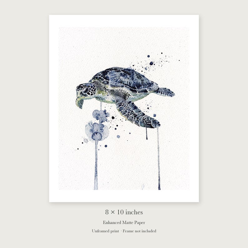 Sea Turtle Watercolor unframed 8 by 10 inch print on enhanced matte paper, shown with its white paper border.