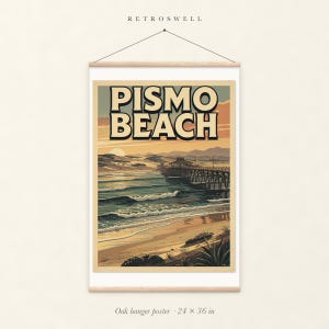 Pismo Beach Surf oak hanger poster, 24 by 36 inches, with natural wood rails and a hanging cord.