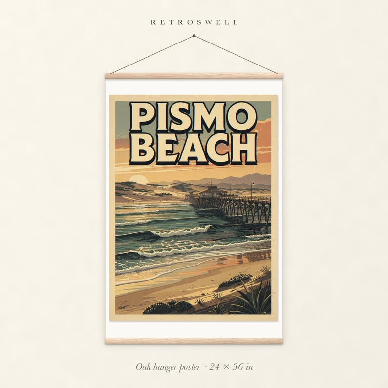 Pismo Beach Surf oak hanger poster, 24 by 36 inches, with natural wood rails and a hanging cord.