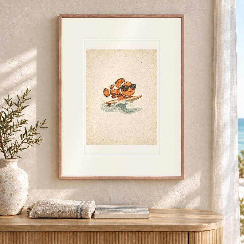 Surfing Clownfish Art Print, Framed or Unframed Coastal Nursery Poster image 12