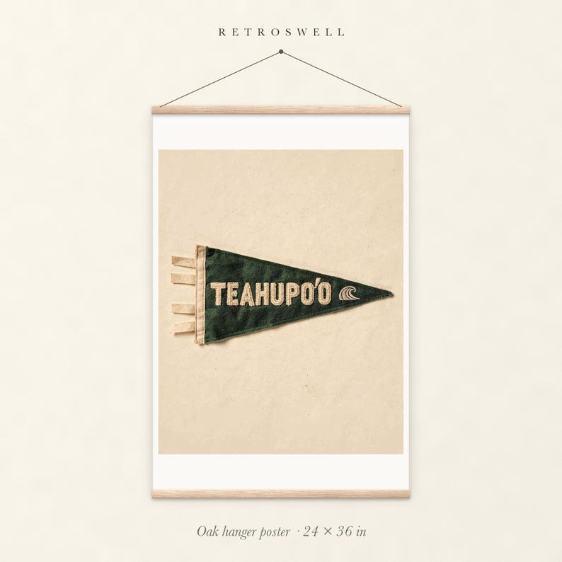 Teahupo'o Surf Pennant oak hanger poster, 24 by 36 inches, with natural wood rails and a hanging cord.