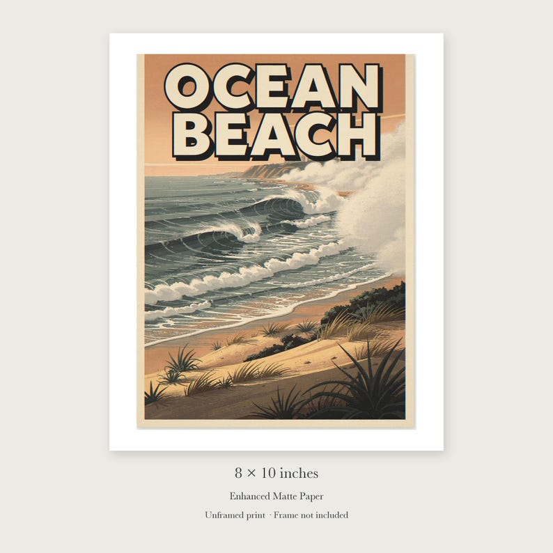 Pôster de viagem de surfe da praia de Ocean Beach, San Diego, emoldurado ou sem moldura, estilo vintage. Impressão costeira. imagem 7