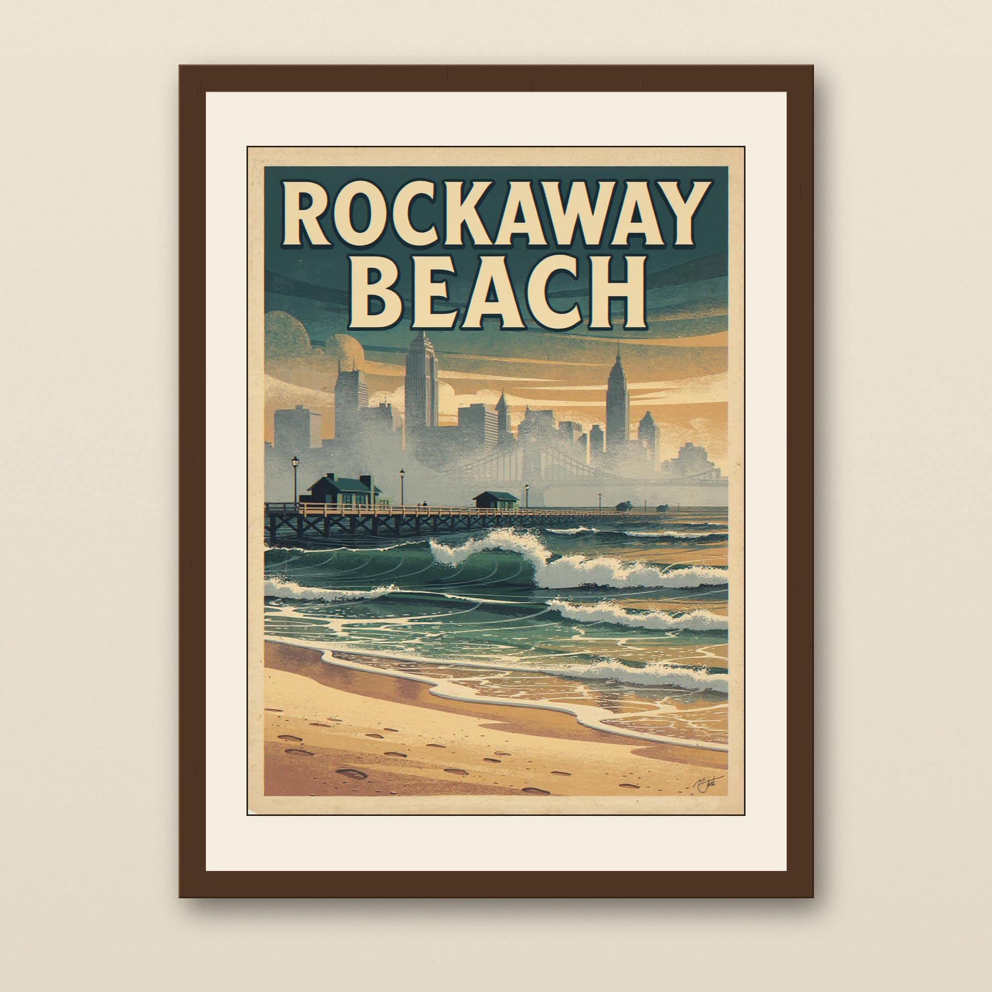 Rockaway Beach NYC Poster - walnut framed art print with cream mat on plaster wall