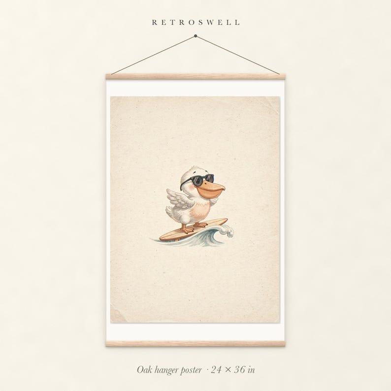 Pelican Surfing oak hanger poster, 24 by 36 inches, with natural wood rails and a hanging cord.