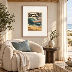 Puerto Escondido Surf print in a Red Oak frame with a white mat in a light-filled coastal sitting room.