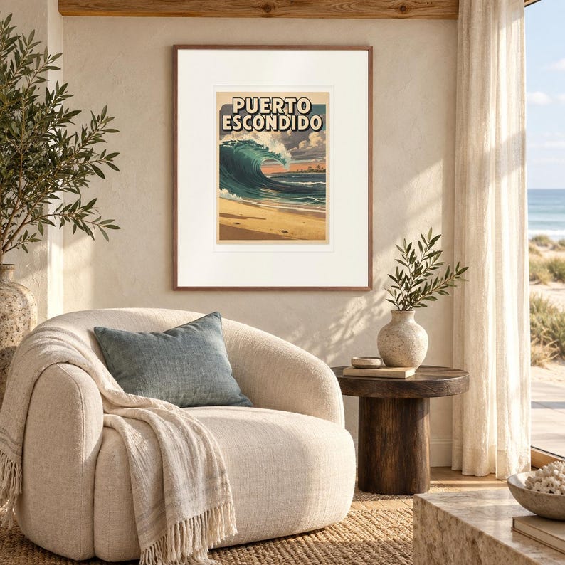 Puerto Escondido Surf print in a Red Oak frame with a white mat in a light-filled coastal sitting room.