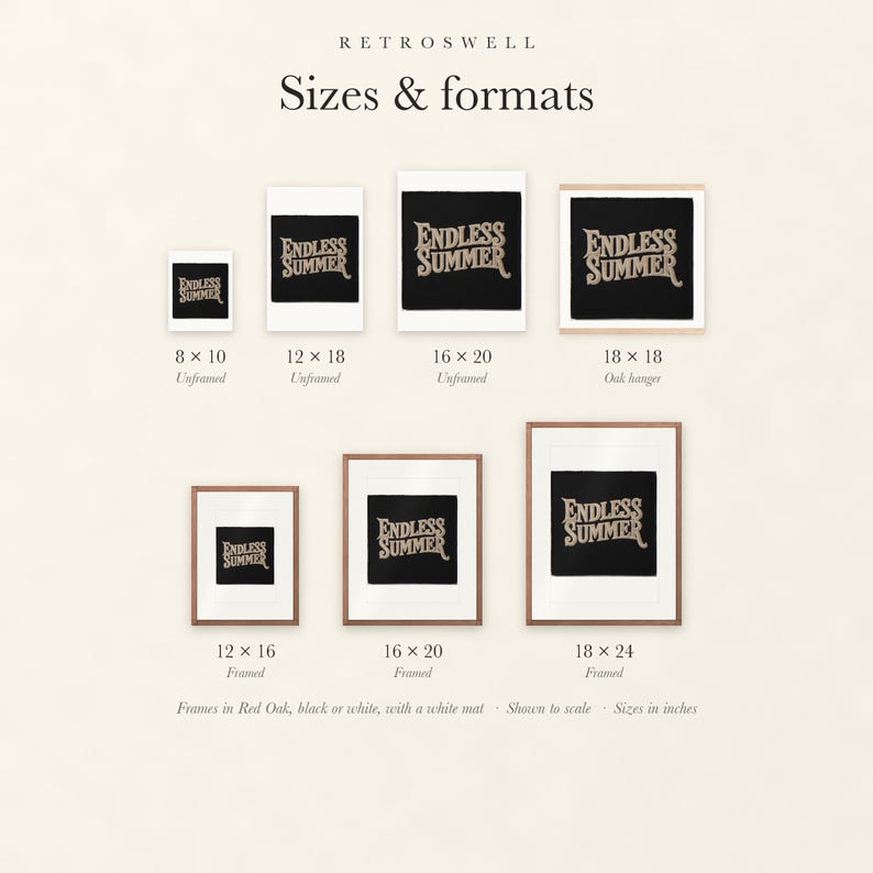 Sizes and formats for Endless Summer Patch, shown to scale: unframed prints, oak hanger and framed prints.