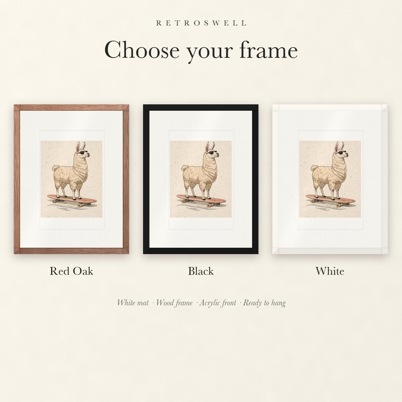 Frame options for Llama on a Longboard: Red Oak, black and white wood frames, each with a white mat.