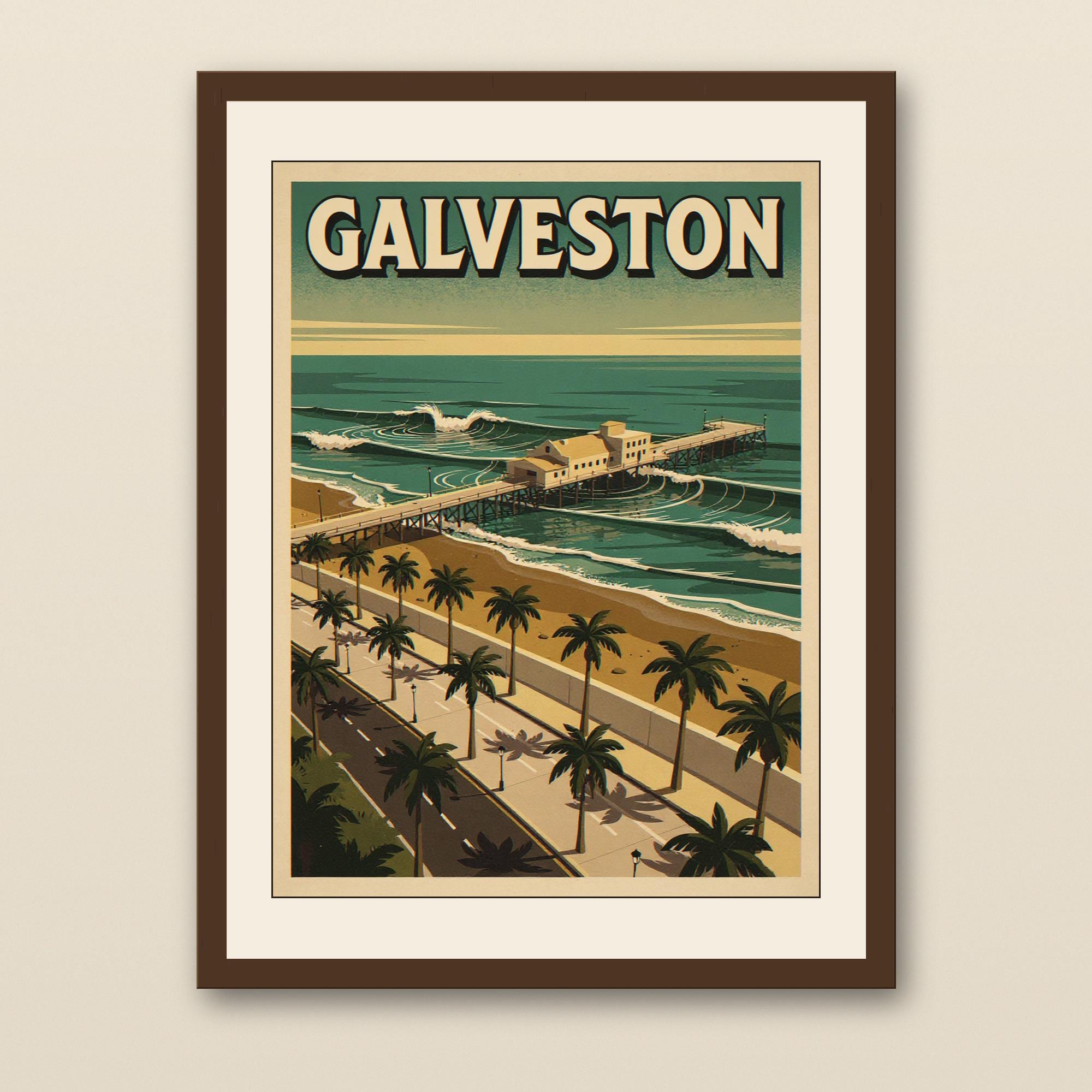 Galveston Texas Surf Poster - walnut framed art print with cream mat on plaster wall