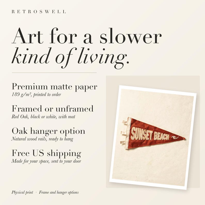 RetroSwell print details for Sunset Beach, Oahu, Hawaii Surf Pennant: premium 189 g/m² matte paper, framed or unframed, oak hanger option, free US shipping.