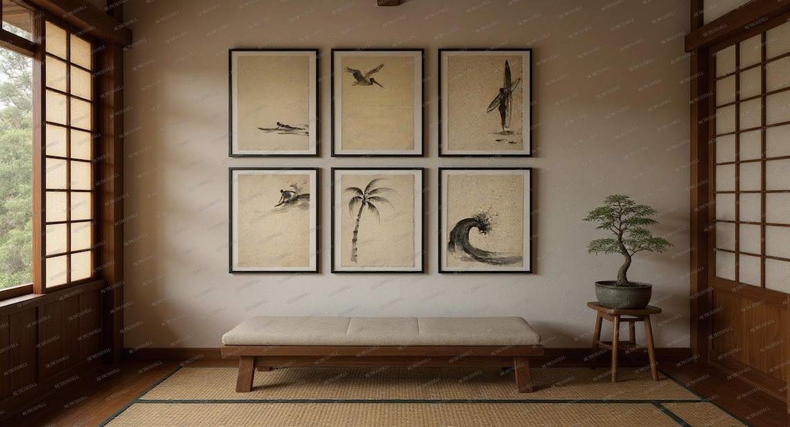 Japanese Ink Wash Gallery Wall Bundle - 6 framed art prints on wall
