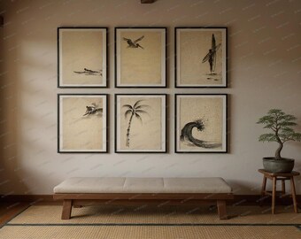 Gallery Wall Art Set | Sumi-e Ocean Ink Prints Bundle | Zen Coastal Collection | Printable Wall Art Digital Download