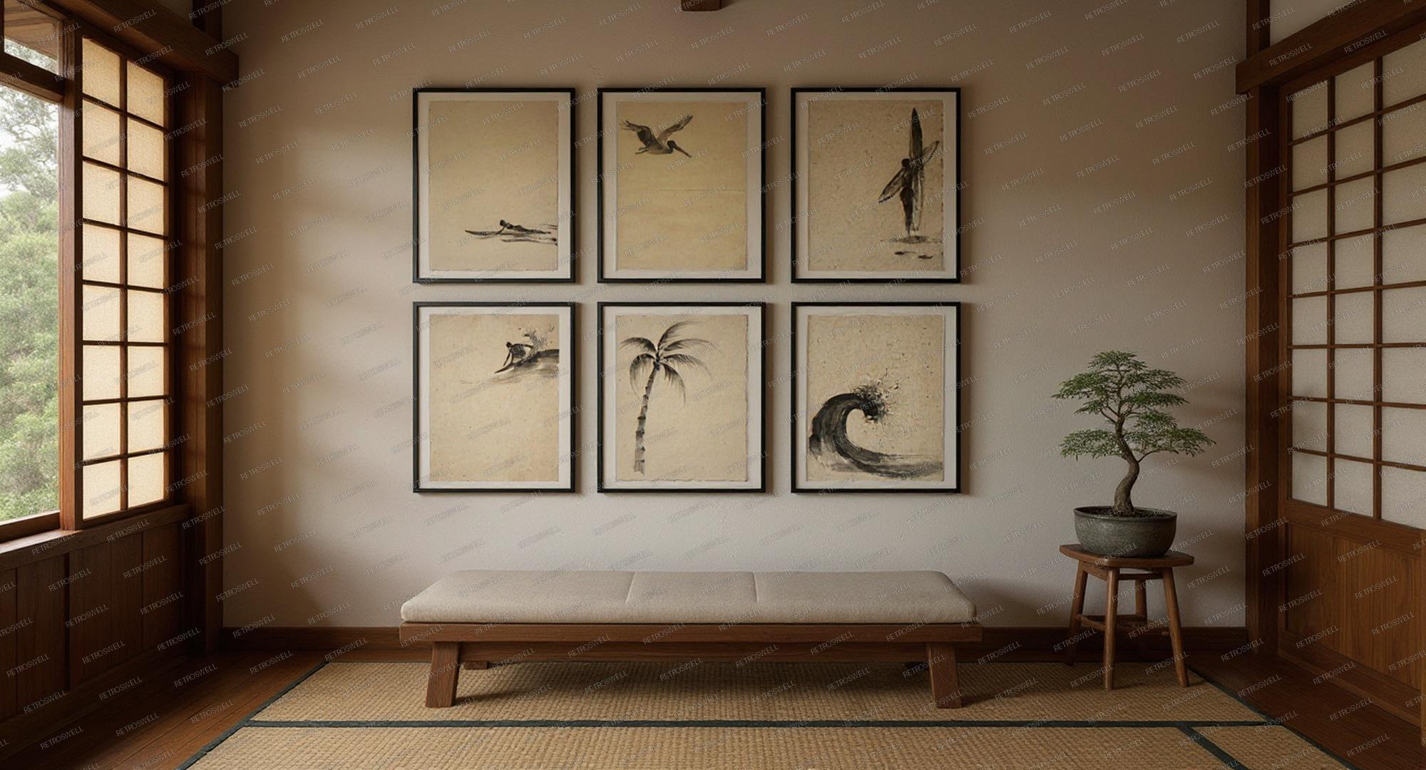 Japanese Ink Wash Gallery Wall Bundle - 6 framed art prints on wall