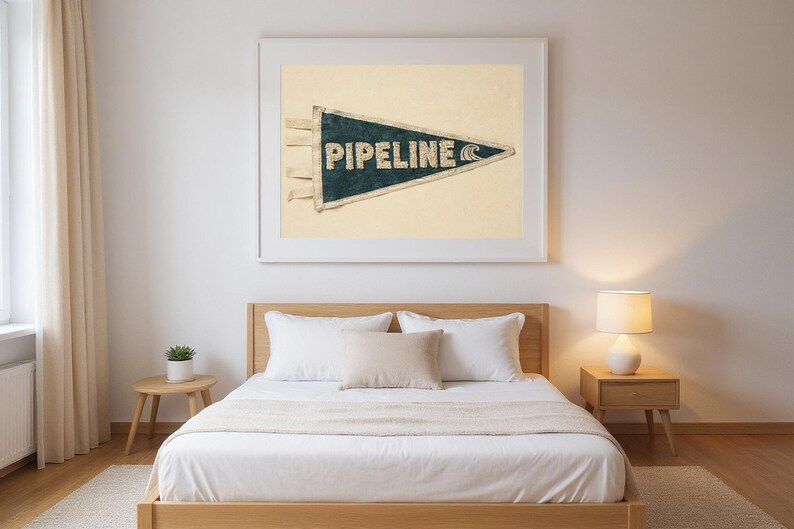 Pipeline Vintage Surf Pennant Print framed in a modern bedroom setting