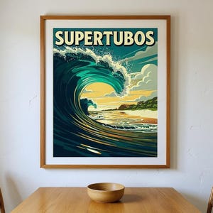 Supertubos Portugal Surf Poster framed in a coastal dining room setting