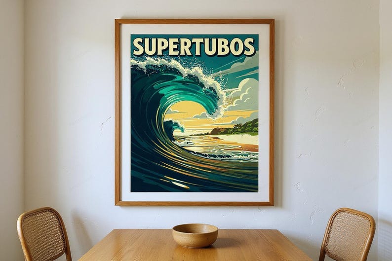Supertubos Portugal Surf Poster framed in a coastal dining room setting