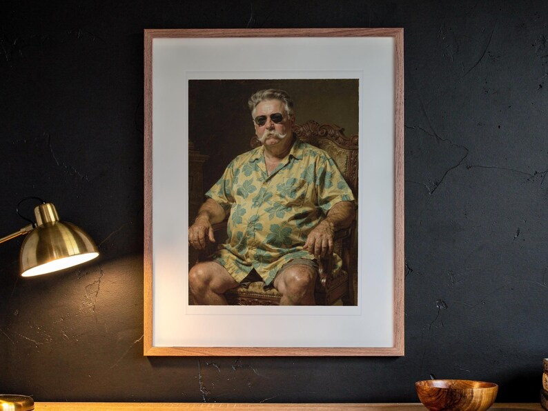 William Howard Taft Surfer printable art, shown printed in a Red Oak frame with a white mat, hanging above the desk in a home office.
