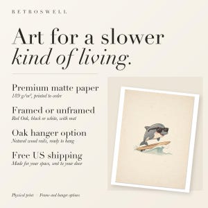 RetroSwell print details for Dolphin Surfing: premium 189 g/m² matte paper, framed or unframed, oak hanger option, free US shipping.