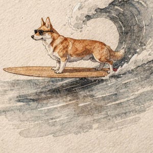 Corgi Surfing Print | Dog Surf Wall Art | Fine Art Coastal Decor | Corgi Lover Gift | Printable Wall Art Digital Download image 2