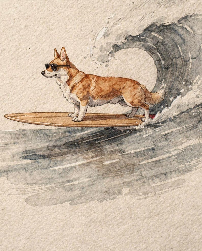 Corgi Surfing Print | Dog Surf Wall Art | Fine Art Coastal Decor | Corgi Lover Gift | Printable Wall Art Digital Download image 2