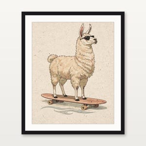 Surfing Llama Print, Cute Llama Watercolor Art, Coastal Nursery Decor, Sepia Ink Animal Illustration, Printable Wall Art Digital Download image 3