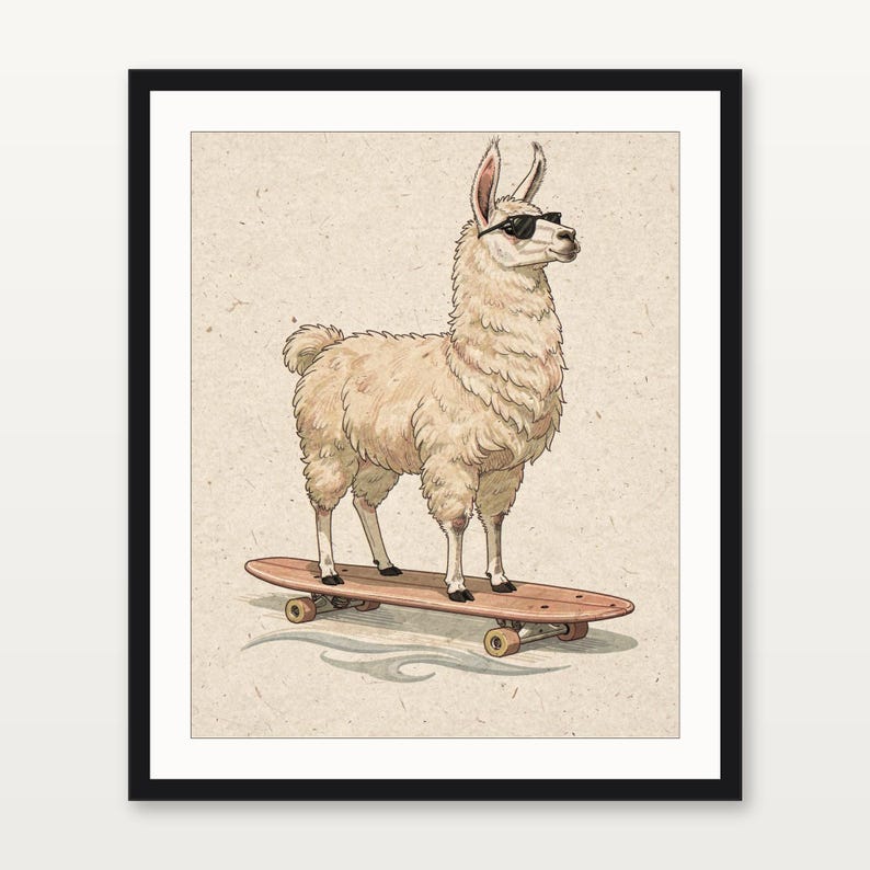 Surfing Llama Print, Cute Llama Watercolor Art, Coastal Nursery Decor, Sepia Ink Animal Illustration, Printable Wall Art Digital Download image 3