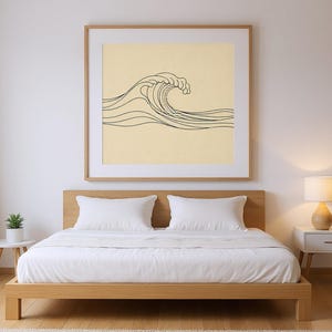 Boho Breaking Wave Line Art framed in a modern bedroom setting