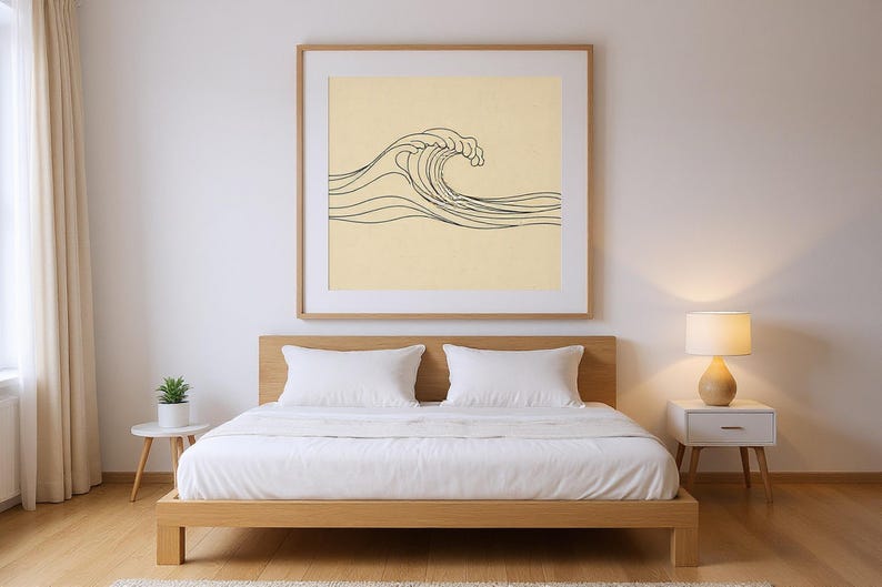 Boho Breaking Wave Line Art framed in a modern bedroom setting