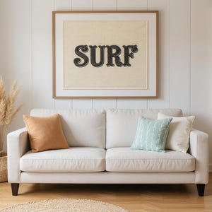 Surf Embroidered Patch Print framed in a beach-style living room setting