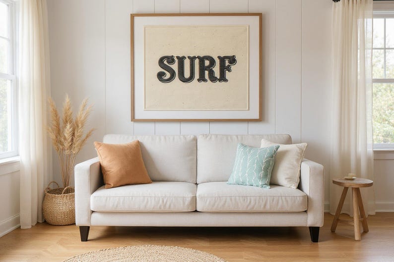 Surf Embroidered Patch Print framed in a beach-style living room setting