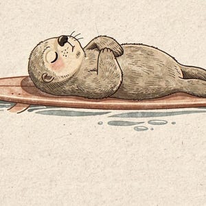 Lámina con diseño de nutria marina y tabla de surf, arte infantil de nutria adorable, decoración costera para habitaciones infantiles, ilustración de animales de playa, descarga digital de arte mural imprimible. imagen 4