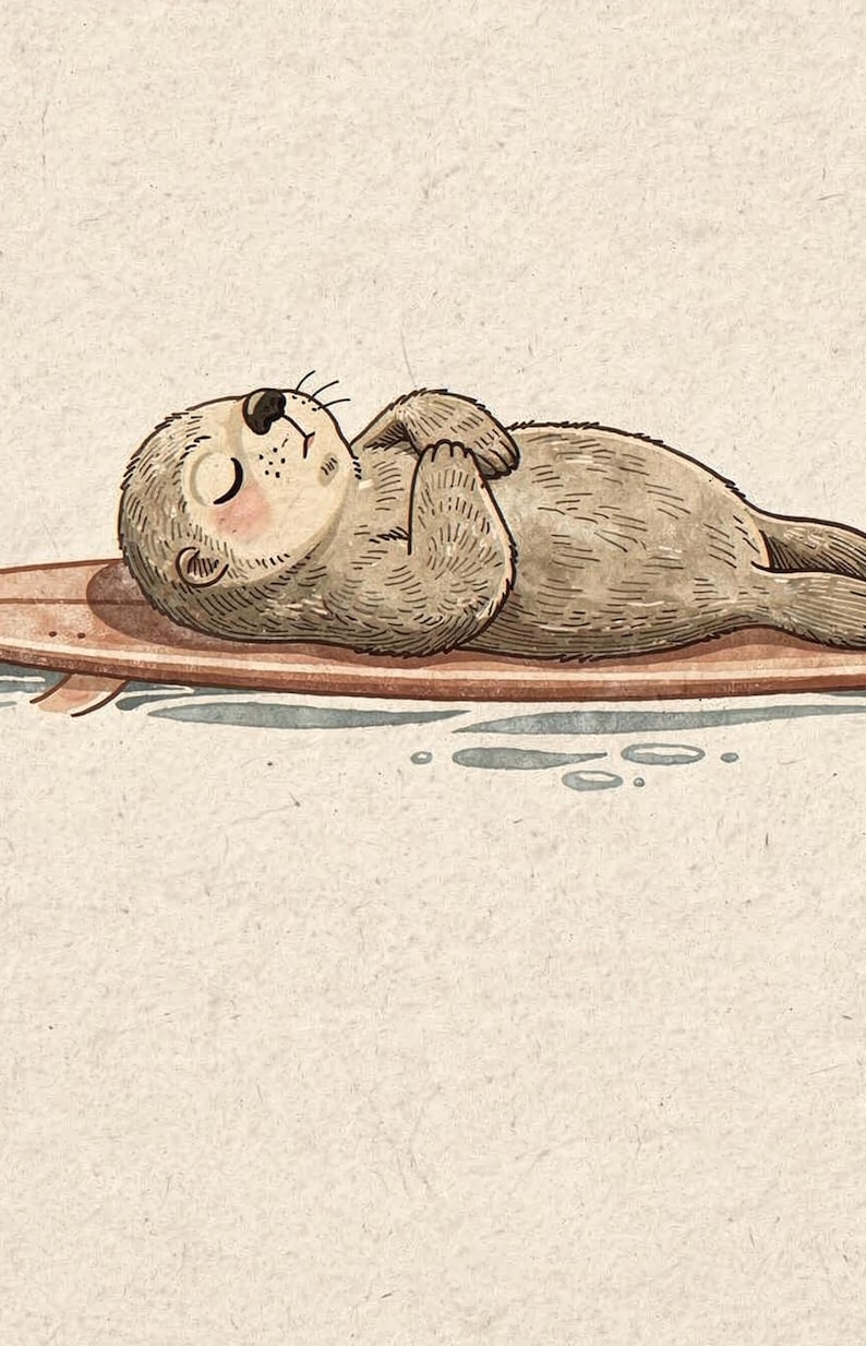 Lámina con diseño de nutria marina y tabla de surf, arte infantil de nutria adorable, decoración costera para habitaciones infantiles, ilustración de animales de playa, descarga digital de arte mural imprimible. imagen 4