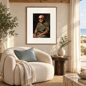Dwight Eisenhower print in a Red Oak frame with a white mat in a light-filled coastal sitting room.