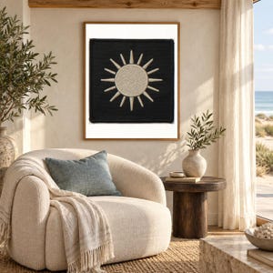 Sun Embroidered Patch Print art print shown framed in a light-filled coastal living room (frame not included). RetroSwell digital download.